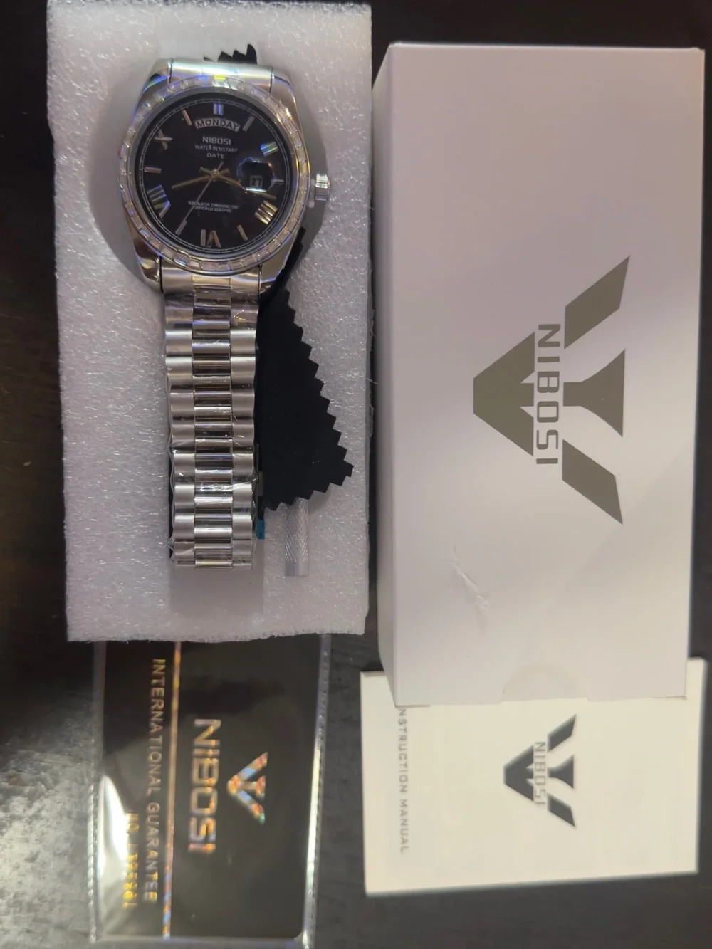 Nibosi Silver-Tone Men's Day-Date Watch with Black Dial